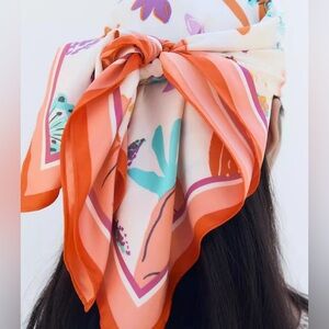 Zara White/Orange Printed Satin Scarf.